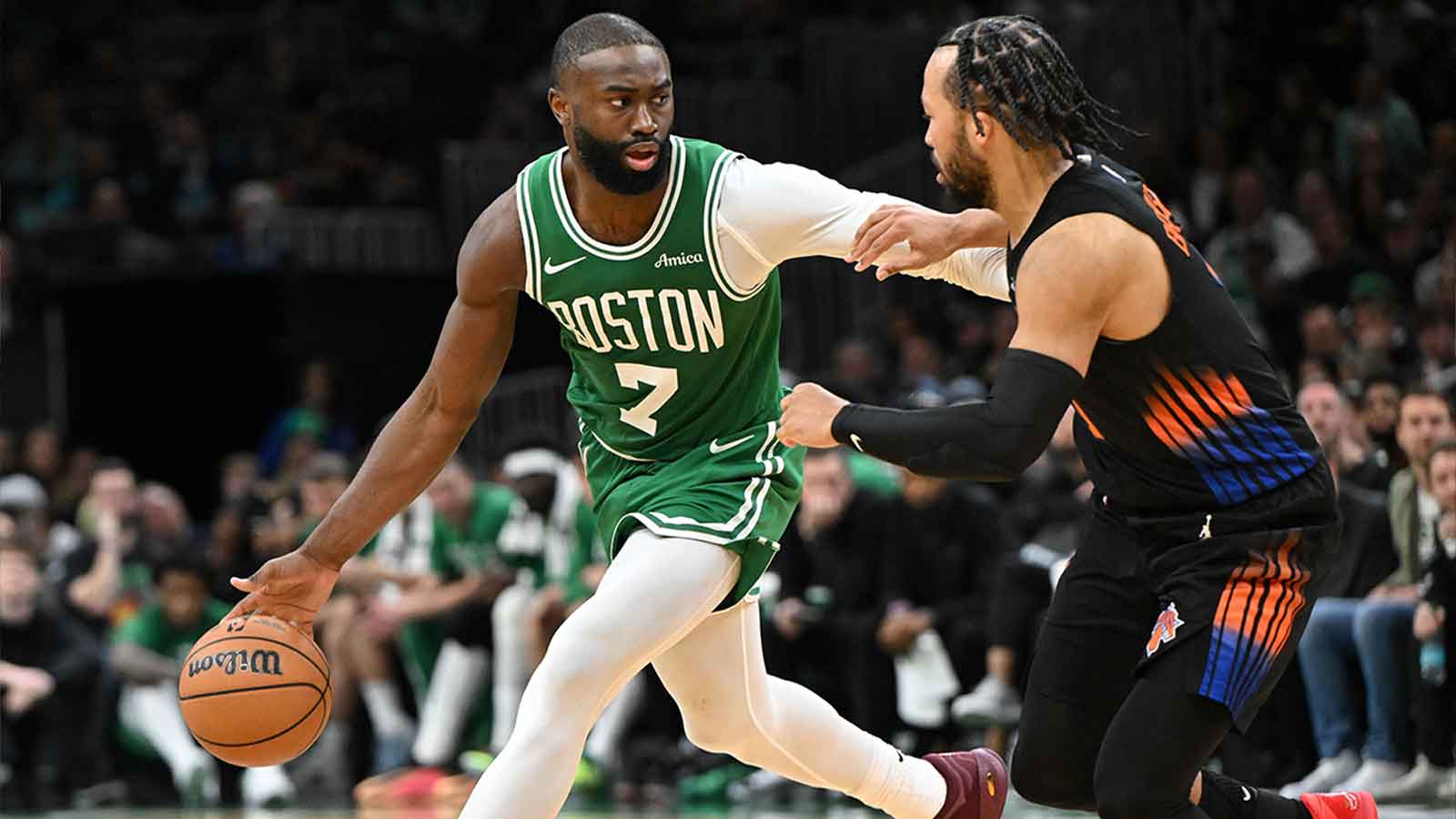 Boston Celtics guard Jaylen Brown (7) drives to the basket against New York Knicks guard Jalen Brunson (11) during the second half at the TD Garden.