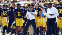 Michigan Wolverines head coach Jim Harbaugh and co-offensive coordinator Sherrone Moore, right, during the 51-7 win against the Colorado State Rams, Saturday, Sept. 3, 2022. Michigan