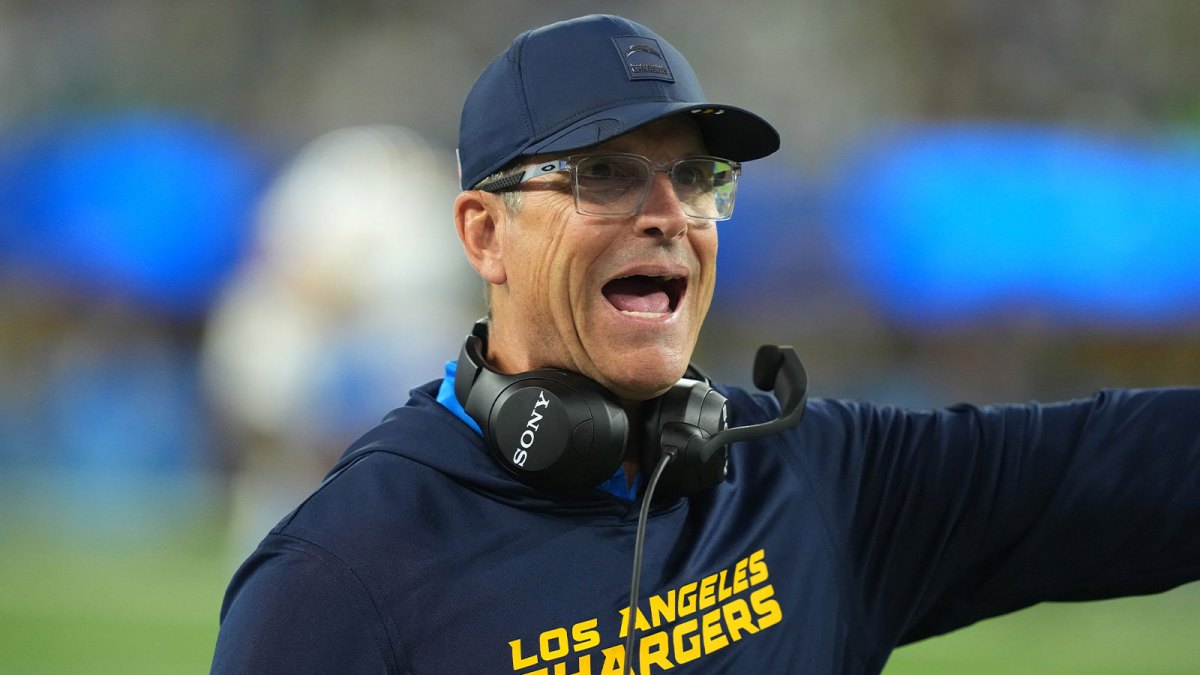 Los Angeles Chargers head coach Jim Harbaugh reacts in the first half against the Philadelphia Eagles at SoFi Stadium.