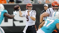 Cincinnati Bengals quarterback Joe Burrow (9) throws during the first quarter against the Miami Dolphins at Paul Brown Stadium.