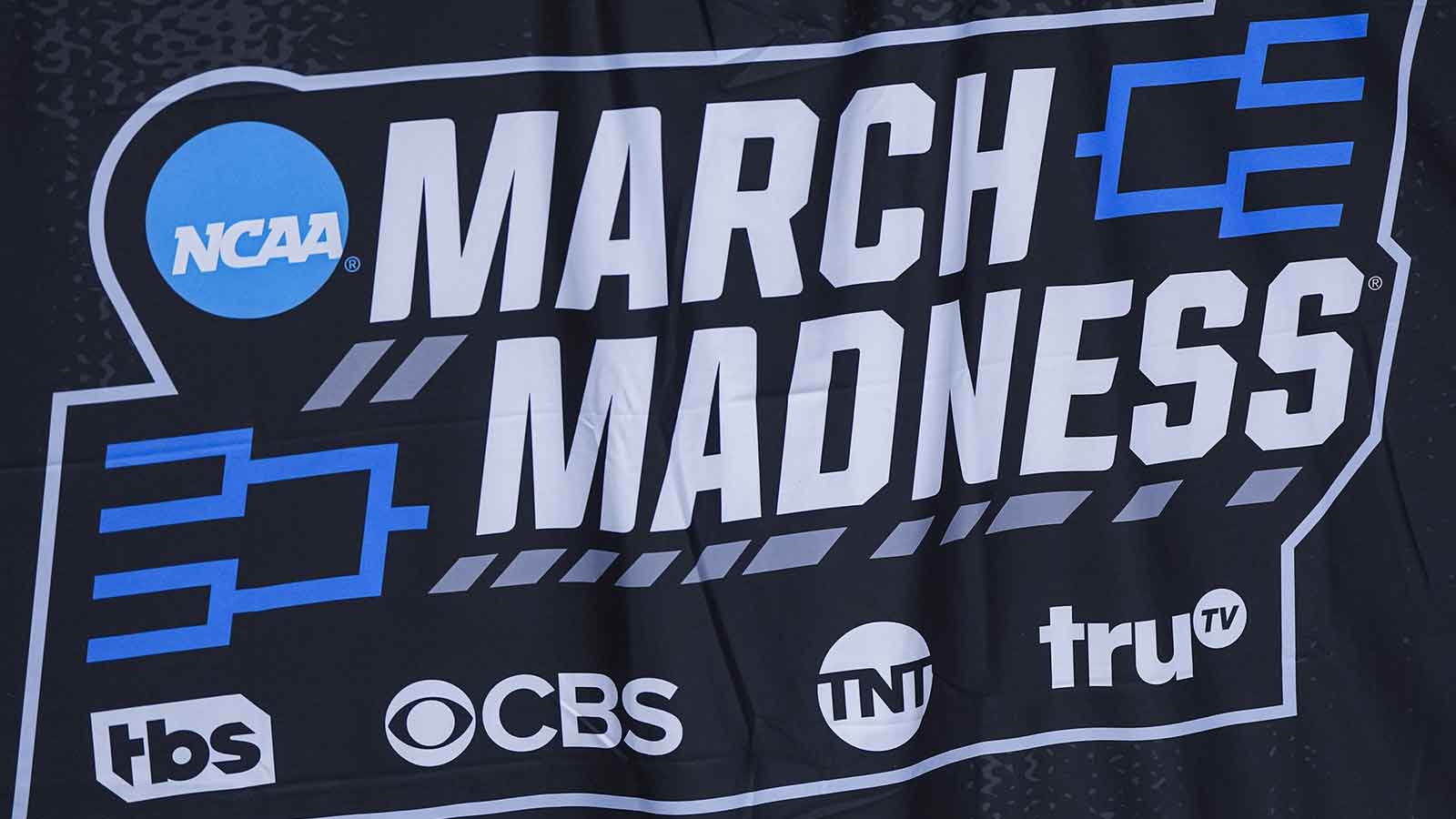 General views of the logo on the court during practice at State Farm Arena.