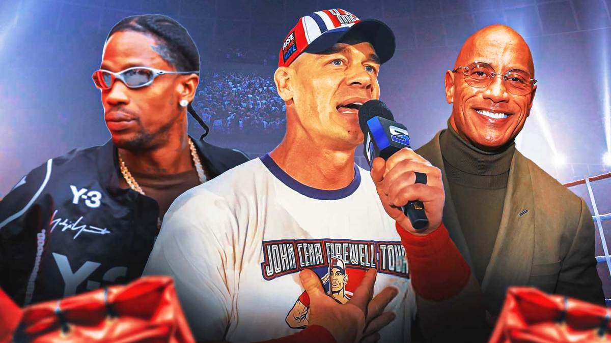 WWE stars John Cena and The Rock with rapper Travis Scott
