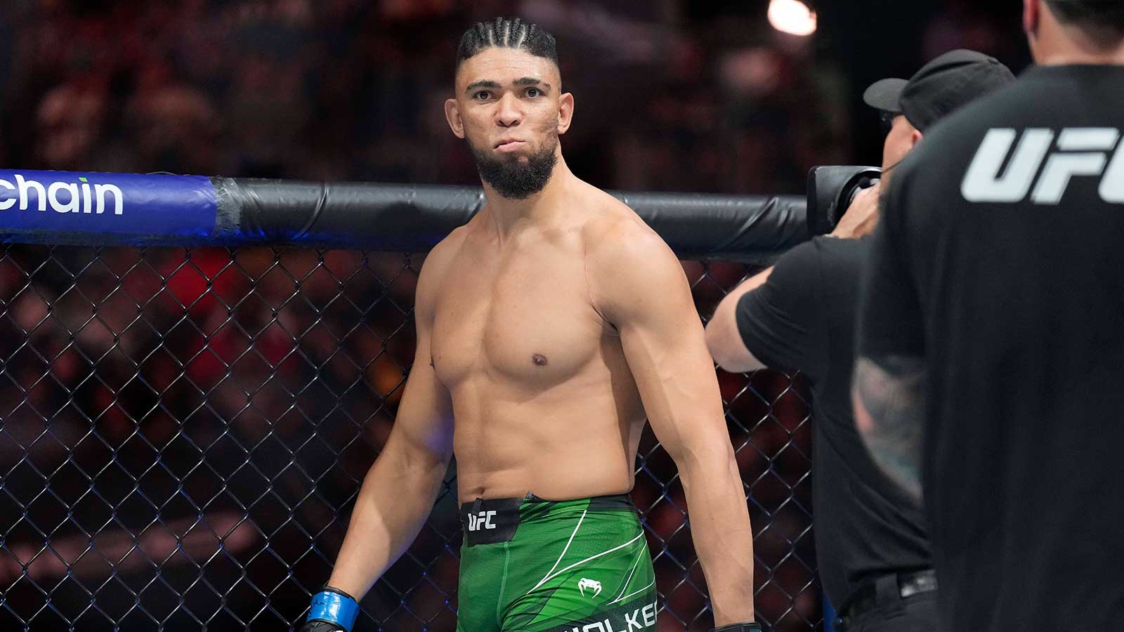 Johnny Walker (blue gloves) prepares to fight Anthony Smith (red gloves) in a light heavyweight bout during UFC Fight Night at Spectrum Center.