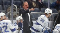 Tampa Bay Lightning head coach Jon Cooper coaches against the New York Islanders during the first period at UBS Arena