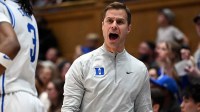 Duke Blue Devils head coach Jon Scheyer reacts during the second half against the Lipscomb Bisons at Cameron Indoor Stadium. The Blue Devils won 97-73.