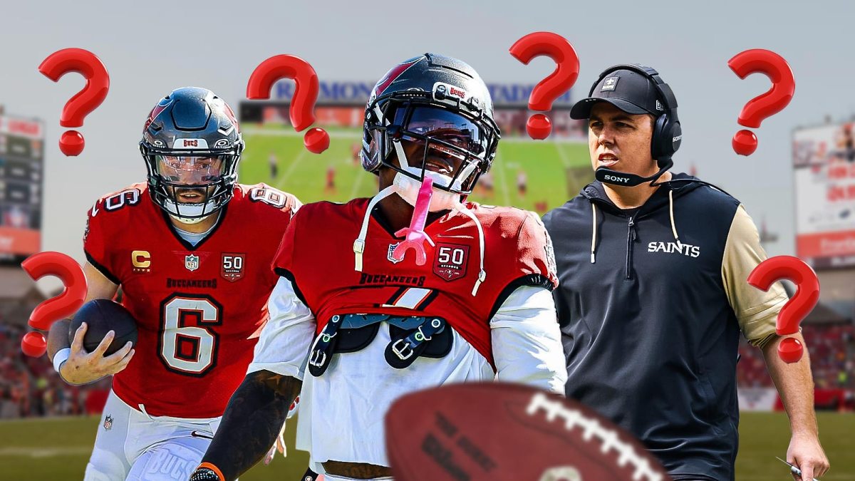 Buccaneers QB Baker Mayfield with RB Bucky Irving and Saints head coach Kellen Moore. They are all surrounded by question mark emojis.