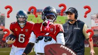 Buccaneers QB Baker Mayfield with RB Bucky Irving and Saints head coach Kellen Moore. They are all surrounded by question mark emojis.