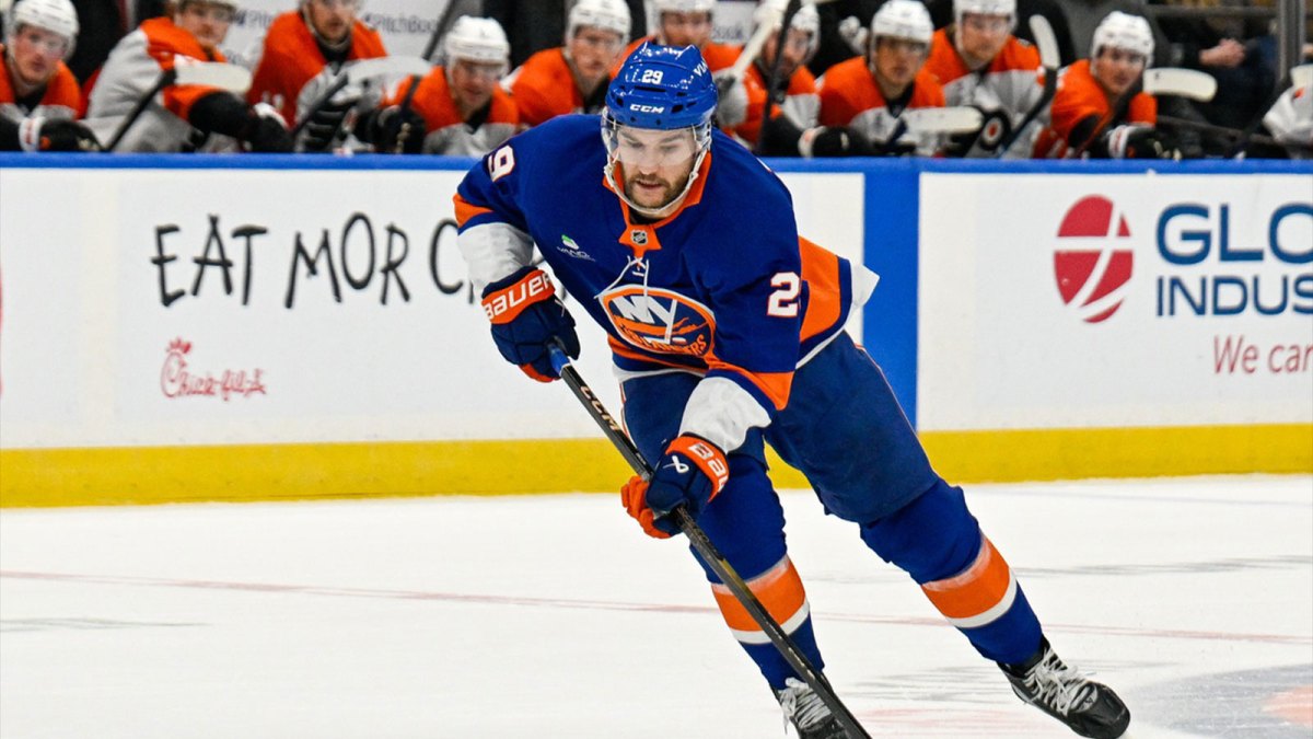 New York Islanders left wing Jonathan Drouin (29) skates across the blue line against the Philadelphia Flyers during overtime at UBS Arena.