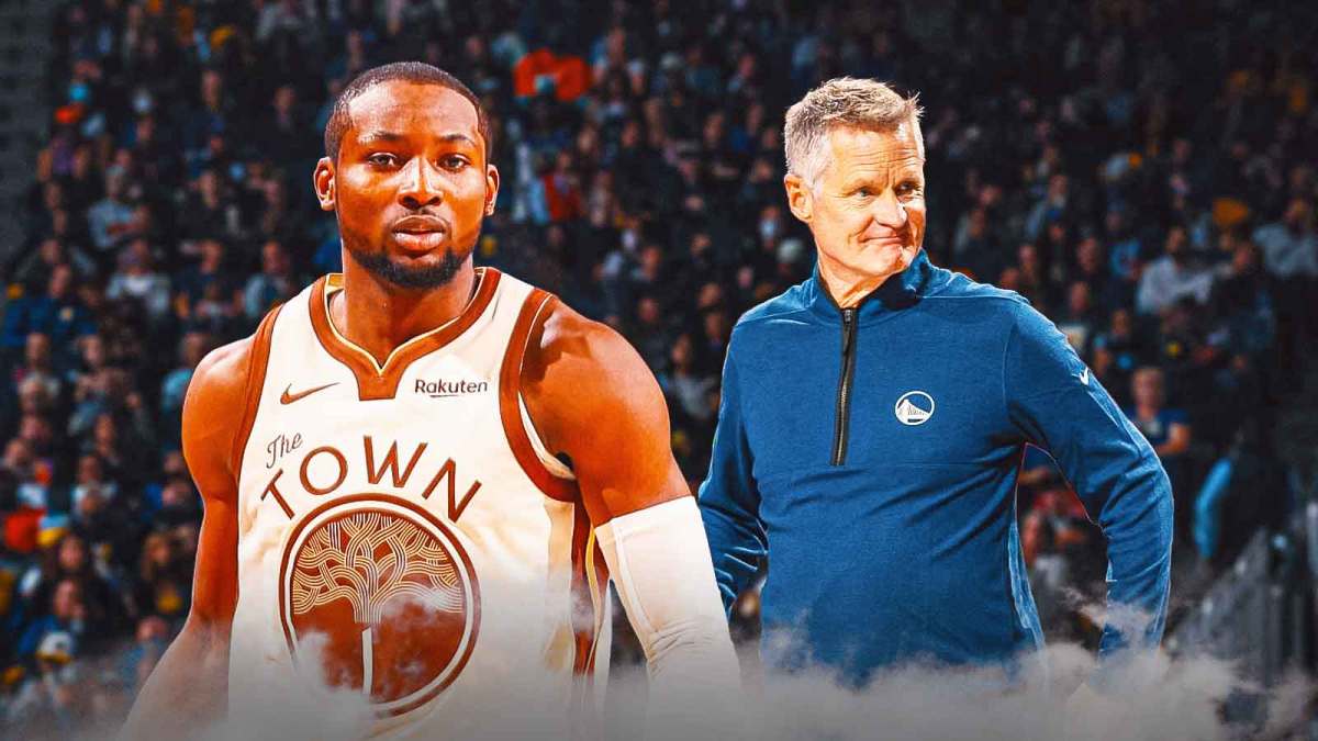 Warriors' Jonathan Kuminga and Steve Kerr looking in different directions in a very dramatic way, kind of like a movie poster.