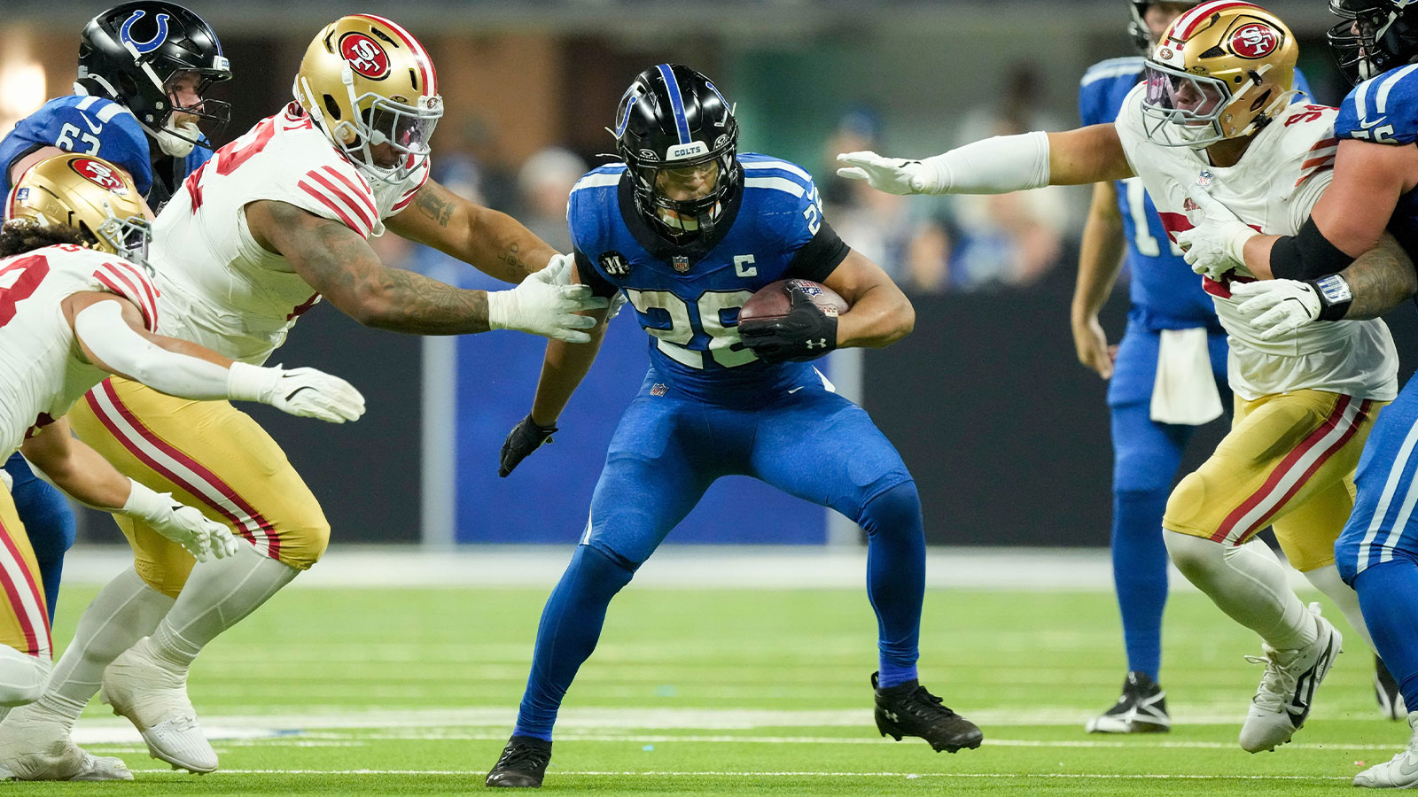Indianapolis Colts running back Jonathan Taylor (28) rushes the ball Monday, Dec. 22, 2025, during a game against the San Francisco 49ers at Lucas Oil Stadium in Indianapolis.