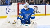 St. Louis Blues goaltender Jordan Binnington (50) defends the net against the Anaheim Ducks during the first period at Enterprise Center.