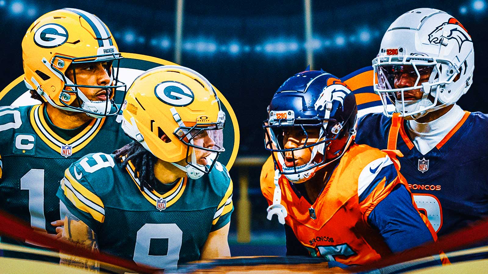 Jordan Love, Christian Watson, Packers logo on one side. Patrick Surtain II, Nik Bonitto, Broncos logo on the other. Empower Field at Mile High in the background