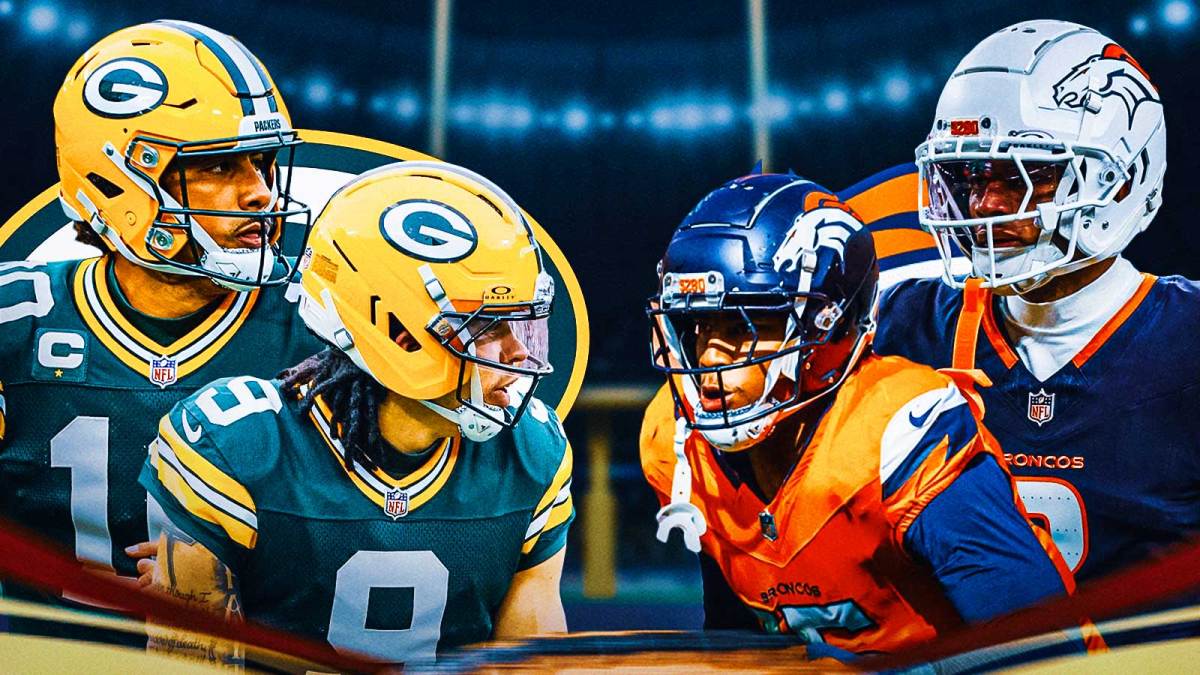 Jordan Love, Christian Watson, Packers logo on one side. Patrick Surtain II, Nik Bonitto, Broncos logo on the other. Empower Field at Mile High in the background