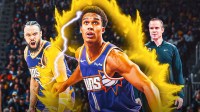 Phoenix Suns center Oso Ighodaro in the center of the image, grabbing a rebound with a Super Saiyan glow around him. Also, there's a picture of Dillon Brooks in a Suns jersey, clapping and getting hyped on his left. Finally, head coach Jordan Ott is on his right, coaching and smiling