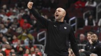 Dec 3, 2025; Chicago, Illinois, USA; Brooklyn Nets head coach Jordi Fernandez directs his team against the Chicago Bulls during the first half at the United Center. Mandatory Credit: Matt Marton-Imagn Images