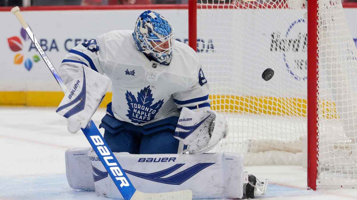 Toronto Maple Leafs goaltender Joseph Woll (60) makes a save against the Florida Panthers during the first period at Amerant Bank Arena.