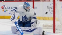Toronto Maple Leafs goaltender Joseph Woll (60) makes a save against the Florida Panthers during the first period at Amerant Bank Arena.