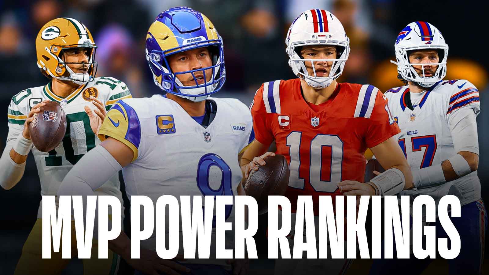 Rams QB Matthew Stafford and Patriots QB Drake Maye in the front with Bills QB Josh Allen and Packers QB Jordan Love behind them "MVP Power Rankings" at the bottom