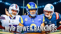 Bills' Josh Allen (celebrating) and Rams' Matthew Stafford in front, Patriots' Drake Maye in the background "MVP Power Rankings" at the bottom