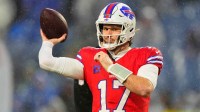 Buffalo Bills quarterback Josh Allen (17) warms up before the game against the Philadelphia Eagles at Highmark Stadium.