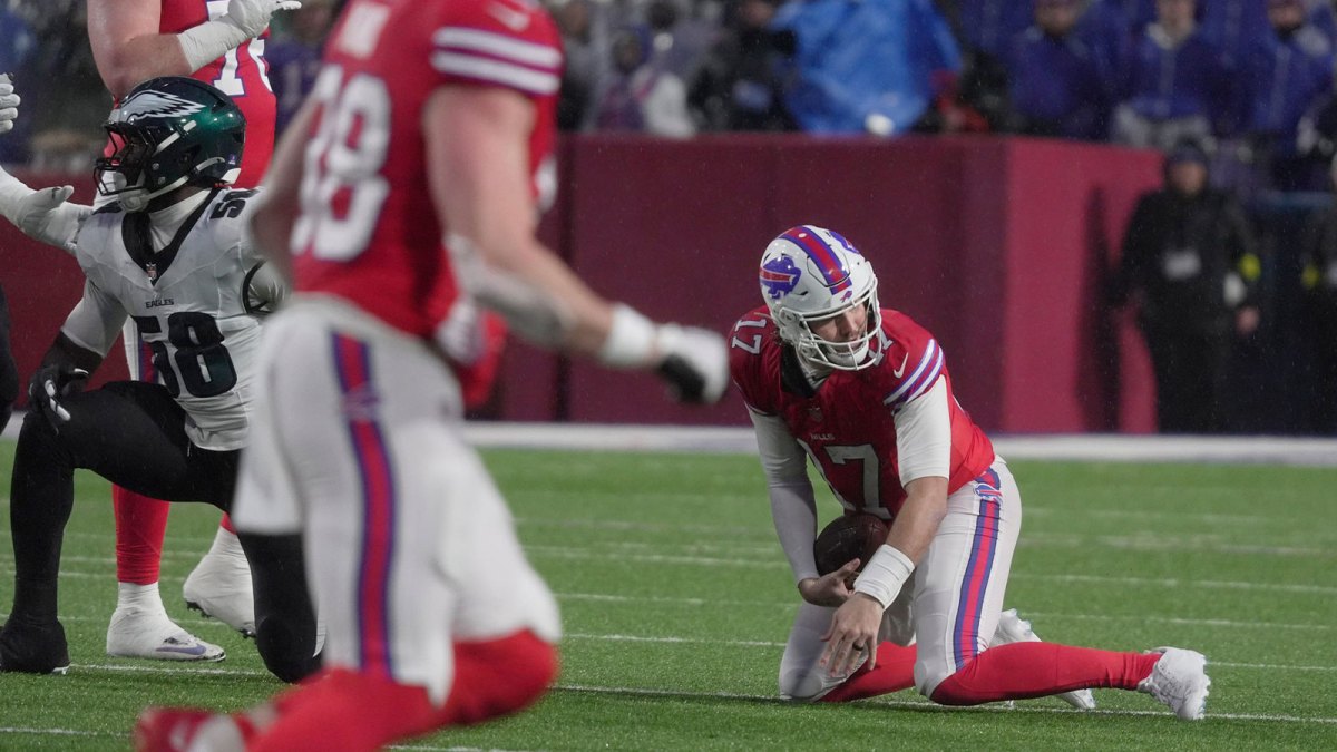 Buffalo Bills quarterback Josh Allen takes a moment to get up after getting sacked by Philadelphia Eagles linebacker Jalyx Hunt during first half action against the Philadelphia Eagles at Highmark Stadium in Orchard Park on Dec. 28, 2025.