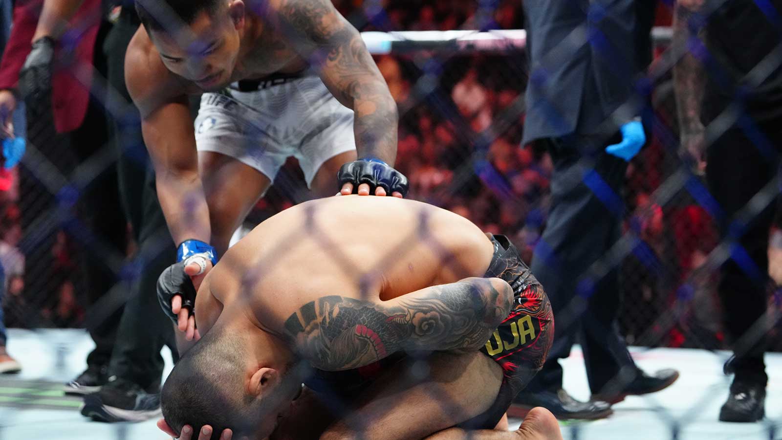 Alexandre Pantoja (red gloves) reacts after breaking an arm against Joshua Van (blue gloves) during UFC 323 at T-Mobile Arena.