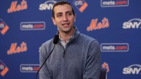 New York Mets president of baseball operations David Stearns speaks to the media about the MLB trade deadline before a game against the Minnesota Twins at Citi Field. Mandatory Credit: Brad Penner-Imagn Images
