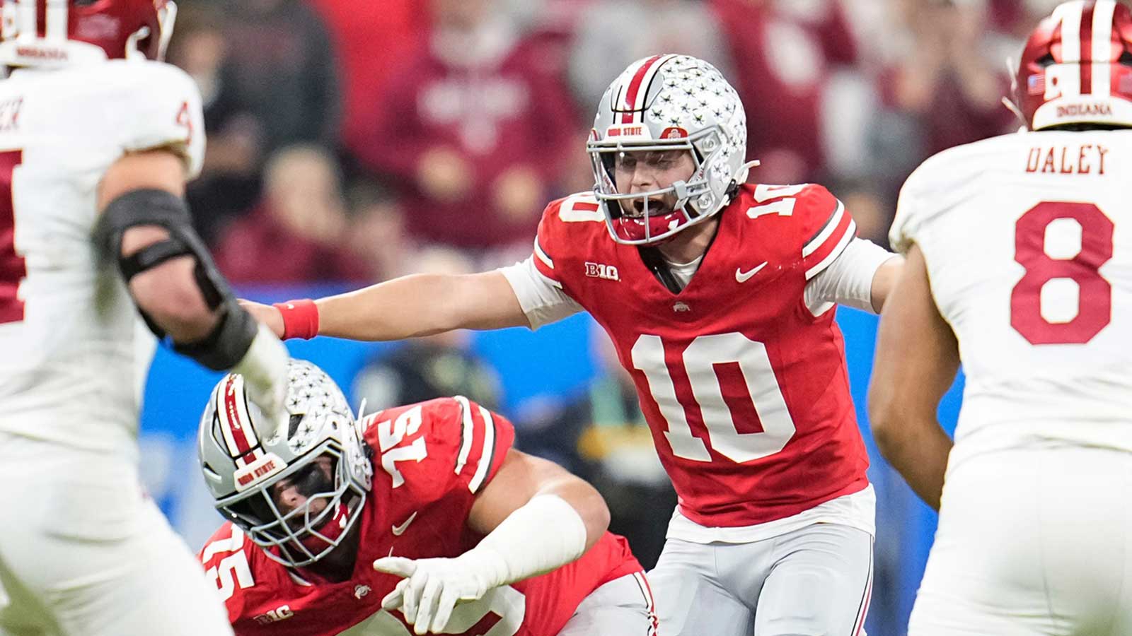 Ohio State Buckeyes quarterback Julian Sayin (10) lines up during the first half of the Big Ten Conference championship game against the Indiana Hoosiers at Lucas Oil Stadium in Indianapolis on Dec. 6, 2025.