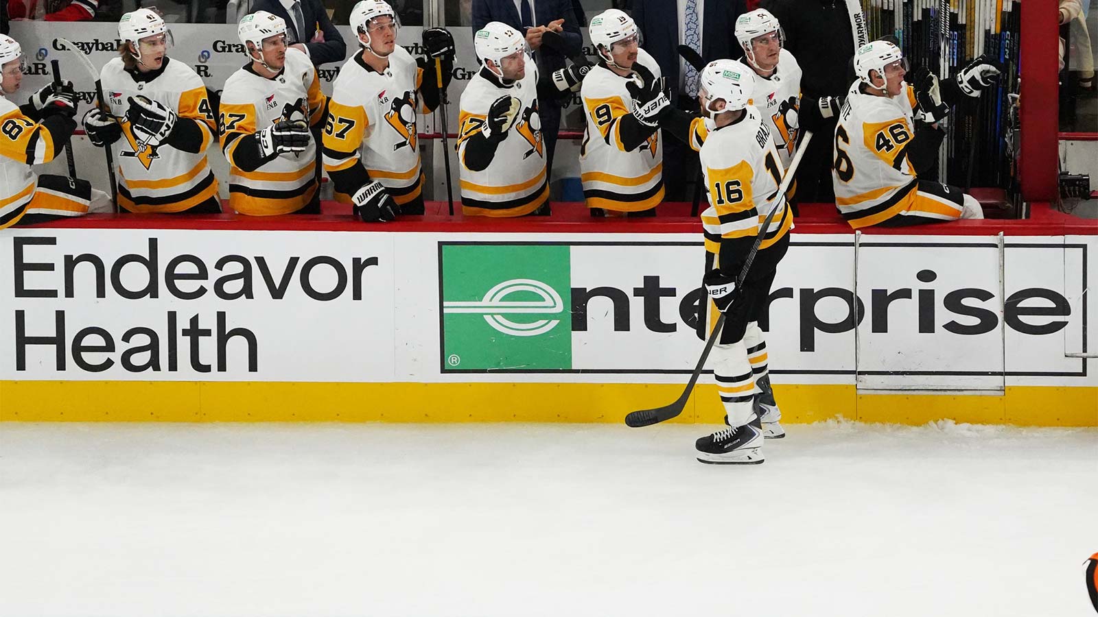 Pittsburgh Penguins right wing Justin Brazeau (16) celebrates scoring a goal against the Chicago Blackhawks during the first period at United Center.