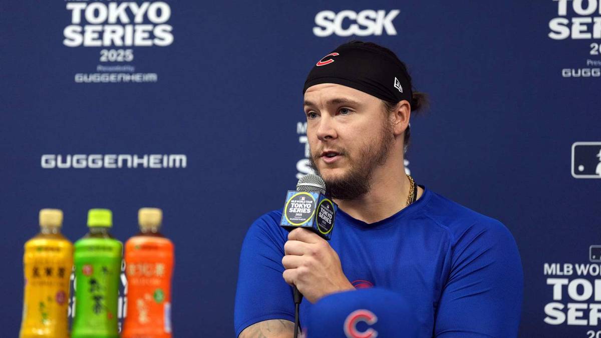 Chicago Cubs pitcher Justin Steele (35) talks to media members before the game against the Los Angeles Dodgers during the Tokyo Series at Tokyo Dome.