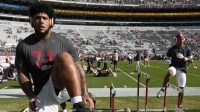 Alabama offensive lineman Kadyn Proctor (74) and Alabama wide receiver Ryan Williams (2) use hurdles to loose up before the game with Oklahoma at Saban Field at Bryant-Denny Stadium at Saban Field at Bryant-Denny Stadium.