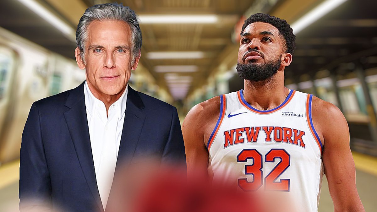 Ben Stiller and New York Knicks star Karl-Anthony Towns with subway background.