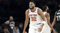 New York Knicks center Karl-Anthony Towns (32) reacts to a foul called against the Minnesota Timberwolves in the first half at Target Center.