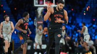 New York Knicks center Karl-Anthony Towns (32) reacts against the San Antonio Spurs during the Emirates NBA Cup Final at T-Mobile Arena.