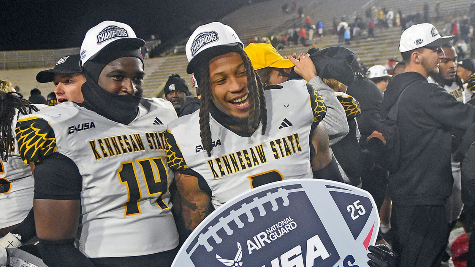 Kennesaw State's Donovan Westmoreland and Antonio Stevens celebrates a 19-15 victory over Jacksonville State in the C-USA Championship at AmFirst Stadium in Jacksonville, Alabama December 5, 2025. 