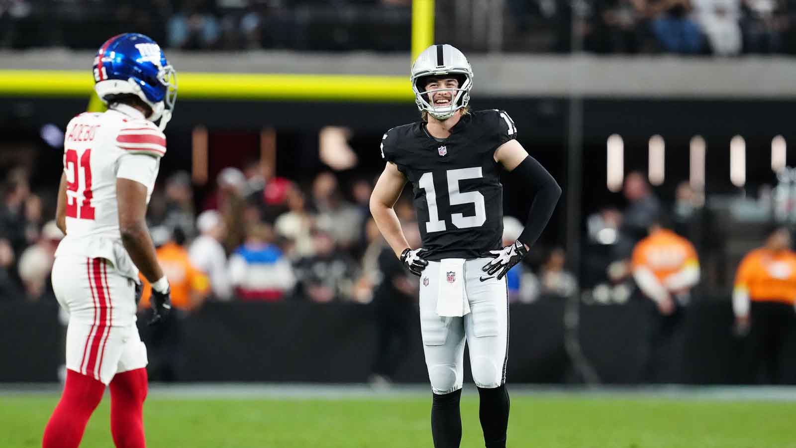 Las Vegas Raiders quarterback Kenny Pickett (15) reacts in the fourth quarter against the New York Giants at Allegiant Stadium.