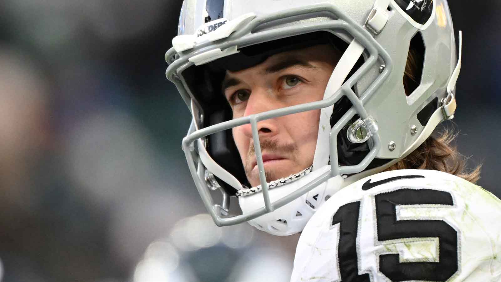 Las Vegas Raiders quarterback Kenny Pickett (15) during the fourth quarter against the Philadelphia Eagles at Lincoln Financial Field.