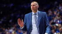 Kentucky Wildcats head coach Mark Pope talks to his players from the sideline during the first half against the North Carolina Central Eagles at Rupp Arena at Central Bank Center.