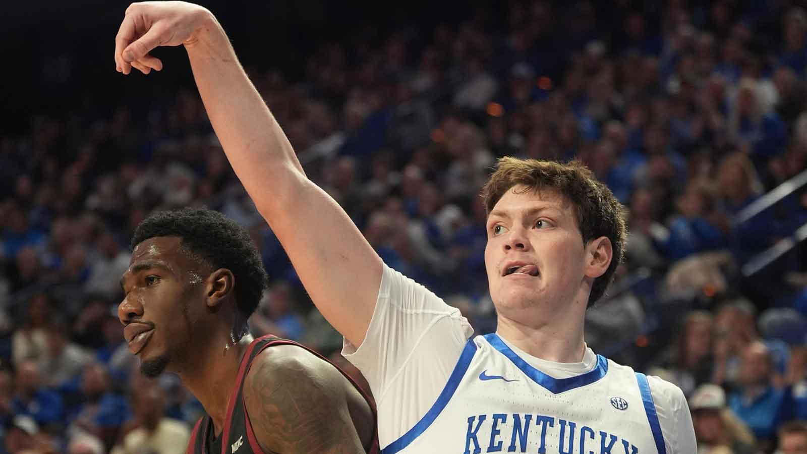 Kentucky's forward Trent Noah (9) watches the shot go in against North Carolina Central's forward Ramondo Battle II (22) in Rupp Arena Tuesday night. Dec. 9, 2025