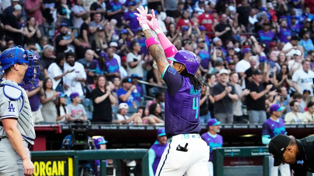 Arizona Diamondbacks Ketel Marte reacts after hitting a home run off Los Angeles Dodgers starting pitcher Roki Sasaki in the first inning at Chase Field in Phoenix, on May 9, 2025.