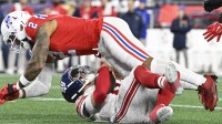 New England Patriots linebacker Harold Landry III (2) sacks New York Giants quarterback Jaxson Dart (6) during the first quarter at Gillette Stadium. Mandatory Credit: Eric Canha-Imagn Images