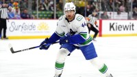 Vancouver Canucks left wing Kiefer Sherwood (44) before during the first period against the Colorado Avalanche at Ball Arena.