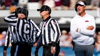 Ole Miss head coach Lane Kiffin walks away from officials during a college football game between Mississippi State and Ole Miss at Davis Wade Stadium in Starkville, Miss., on Friday, Nov. 28, 2025. Ole Miss defeated Mississippi State 38-19 in the Egg Bowl.