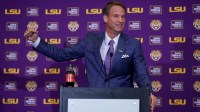 LSU new head coach Lane Kiffin speaks at South Stadium Club at Tiger Stadium.