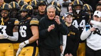 Iowa Hawkeyes head coach Kirk Ferentz reacts during the second quarter against the Michigan State Spartans at Kinnick Stadium.