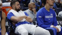 Dallas Mavericks guard Klay Thompson watches his team play against the Oklahoma City Thunder during the fourth quarter at Paycom Center.