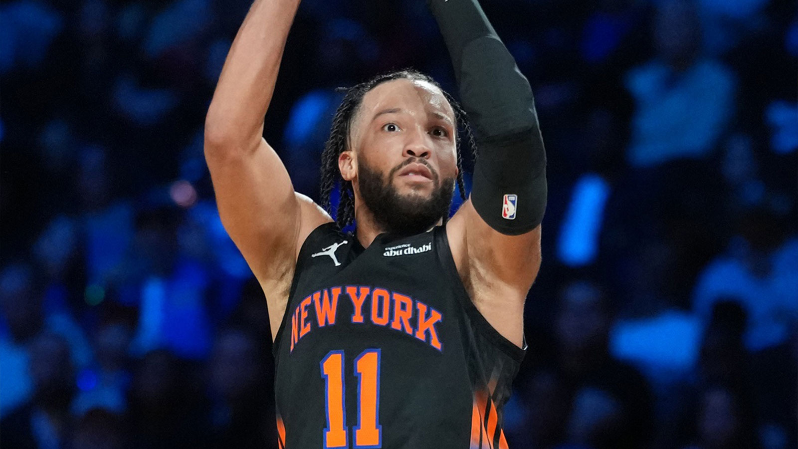 New York Knicks guard Jalen Brunson (11) shoots the ball against the San Antonio Spurs in the second half during the Emirates NBA Cup Final at T-Mobile Arena.