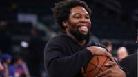 New York Knicks forward Guerschon Yabusele (28) warms up prior to the game against the Miami Heat at Madison Square Garden.
