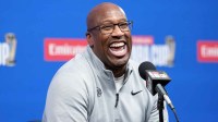 New York Knicks Head Coach Mike Brown at press conference prior to the Emirates NBA Cup Final against the San Antonio Spurs at T-Mobile Arena.