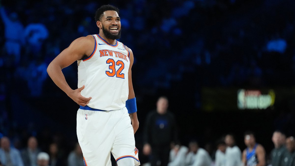 New York Knicks center Karl-Anthony Towns (32) reacts on the court during the second quarter against against the Orlando Magic at T-Mobile Arena.